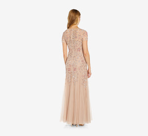 Adrianna Papell Hand Beaded Short Sleeve Floral Godet Gown